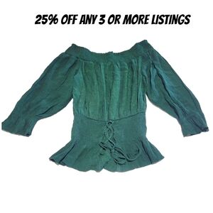 Elegant Green Off-Shoulder Top Size Small Corset Waist Thin Ruffle Peplum